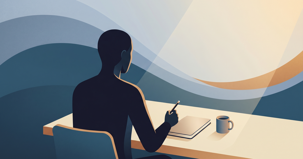 Ilustração editorial em tons sóbrios de azul e verde-acinzentado representando raciocínio clínico em saúde mental, com formas geométricas suaves e uma figura humana de costas em contemplação.