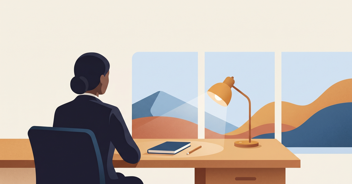 Ilustração editorial de psicóloga em ambiente de trabalho contemplativo, com prancheta e lápis sobre mesa, em paleta de tons azuis e neutros — sem texto visível
