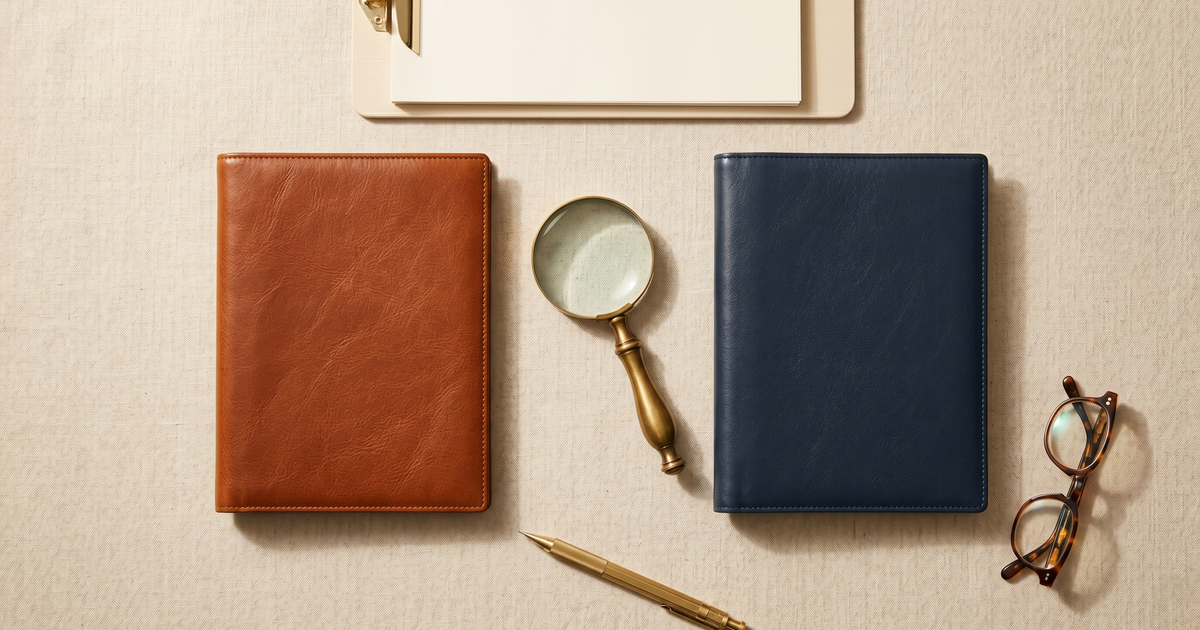 Ilustração editorial de mesa de trabalho com dois portfolios de couro — cognac e navy — representando a escolha entre dois instrumentos de avaliação psicológica