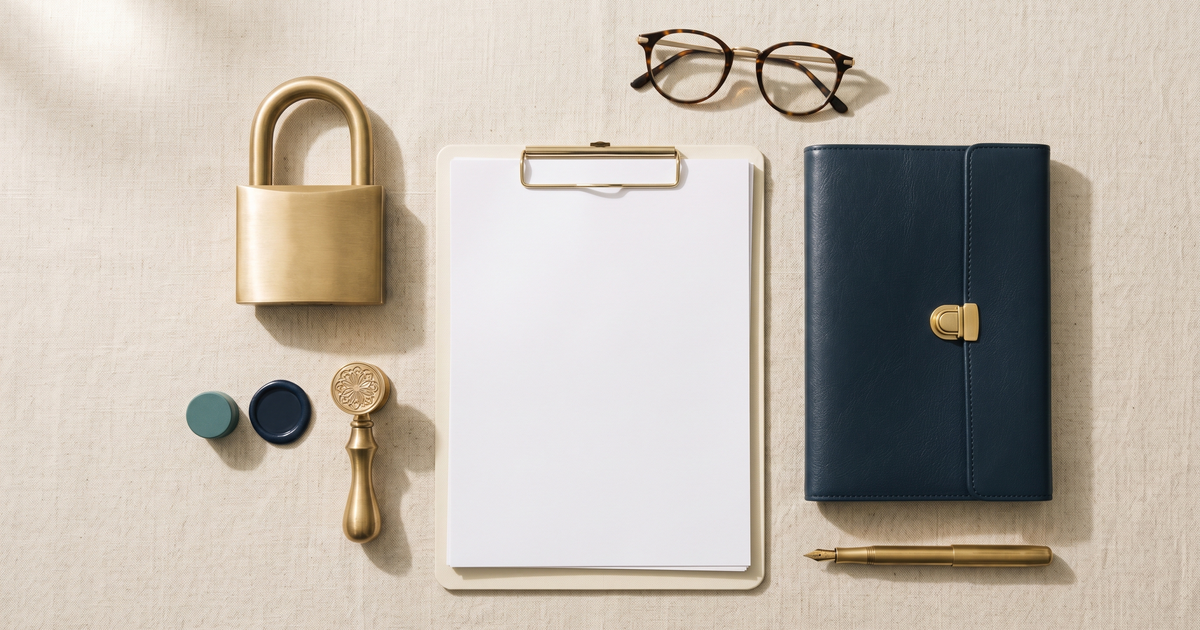 Mesa de trabalho profissional com documentos, cadeado e elementos que evocam proteção de dados e prática psicológica